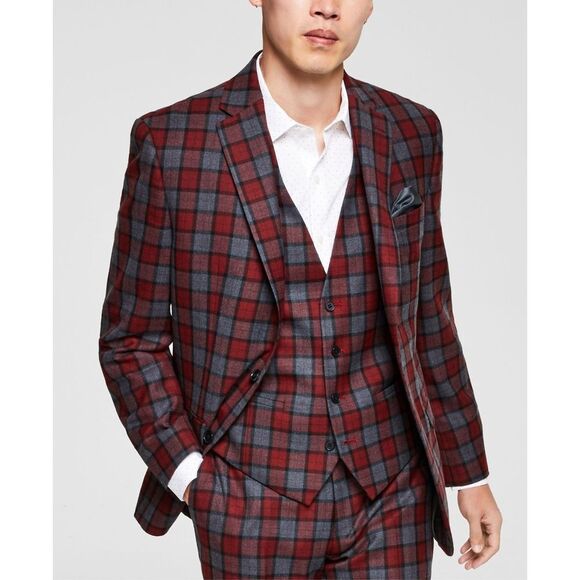 Bar III Men's Red & Gray Plaid Slim-Fit Long-Sleeve Suit Jacket Size 40S NWT - Picture 1 of 7